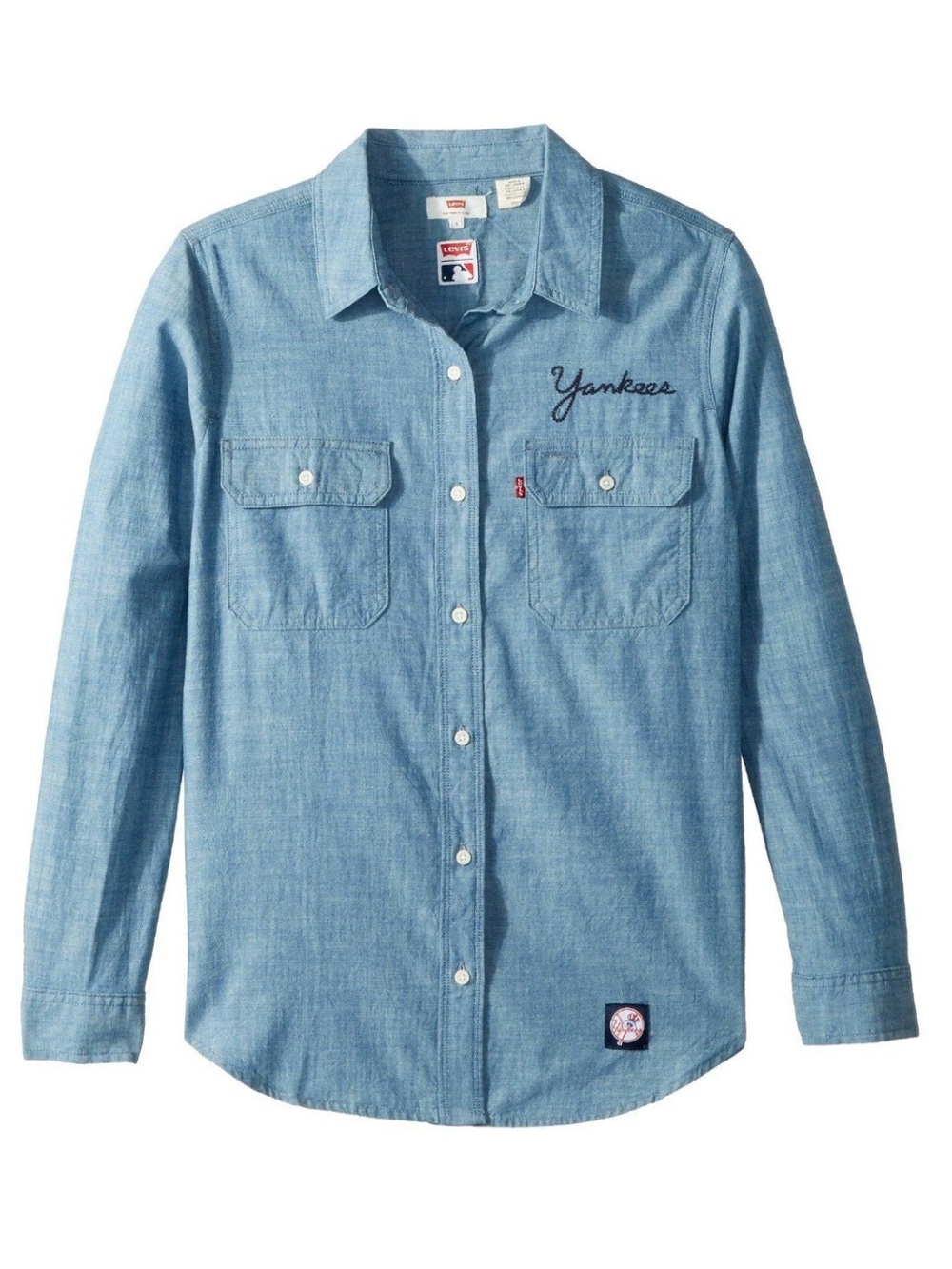 MLB x Levi's: Light Blue Chambray Button-Down Shirt with Yankees Script